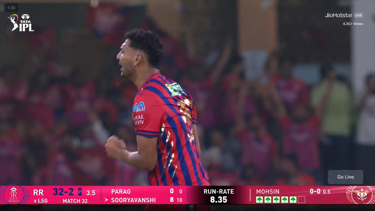Imagine bowling dot balls to Vaibhav Suryavanshi in the powerplay, then a maiden over, and then taking his wicket.

 Mohsin Khan, you absolute beast🤯