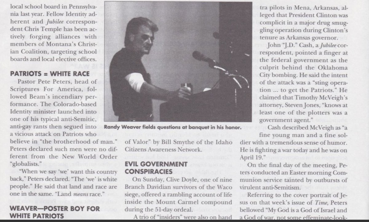 This is from the SPLC "Intelligence Report"

PATRIOTS = WHITE RACE

WEAVER-POSTER BOY FOR WHITE PATRIOTS

I told you a few years ago that Ruby Ridge, WACO, and OKL bombing were Strategy of Tension tactics to create the narrative that white, Christian, nationalists, veterans were