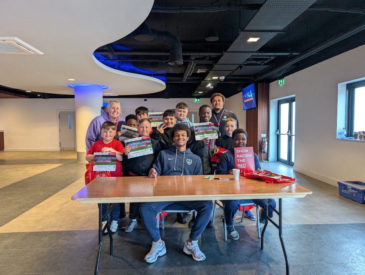 SRTRC_England's tweet photo. Today we visited @PompeyITC at Fratton Park, home of @Pompey ⚽️

70 pupils learned to recognize &amp; challenge racism through our Fans of the Future workshop 

We were joined by footballer Tayo Singerr, who spoke to pupils🎙️

Thanks to Tayo, the club and all who supported our event! https://t.co/bWESIBmOKb