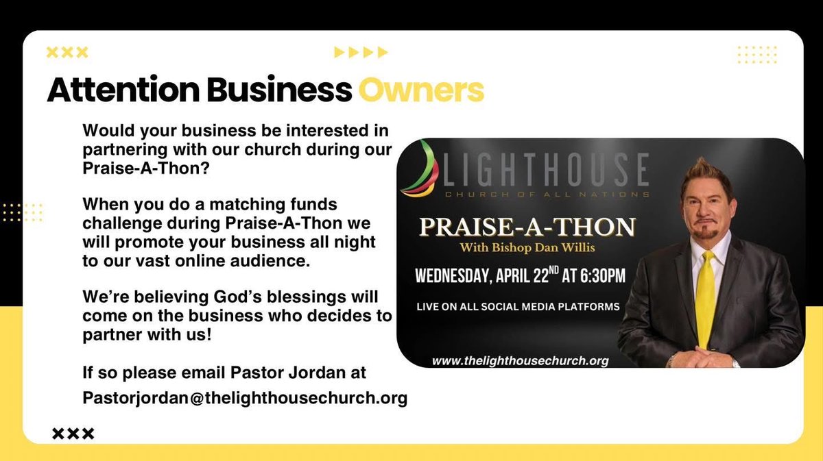 pastorDanWillis's tweet photo. Join us at 6:30PM for the 1st time IN-PERSON & streaming live on all platforms!
When you participate in our matching funds challenge, weโll spotlight your business all night!
๐ง -PastorJordan@thelighthousechurch.org
#PraiseAThon #LighthouseChurch #faith #giving https://t.co/AeTuwtr7mH