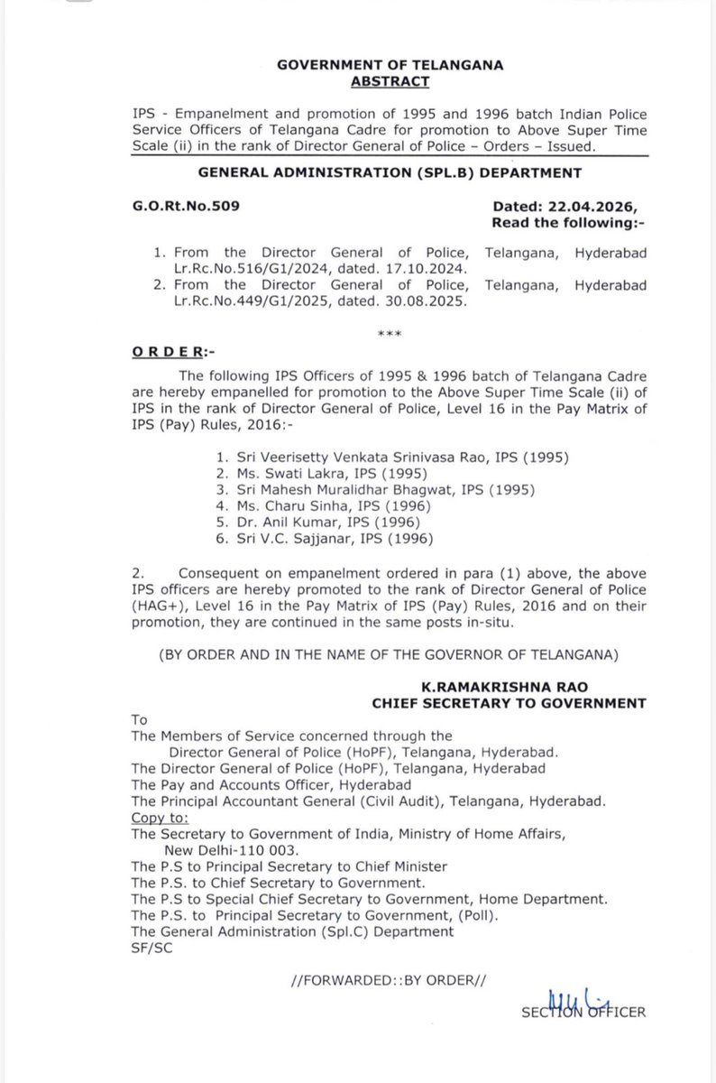 Shyamsundarak6's tweet image. 🟥NEW SENSE 
#Telangana
#IPS
#Promotions
#ThirtyYears
.........

 *IPS Empanelment and promotion of 1995 and 1996 batch Indian Police Service Officers of Telangana Cadre for promotion to Above Super Time Scale  in the rank of Director General of Police Orders Issued.*