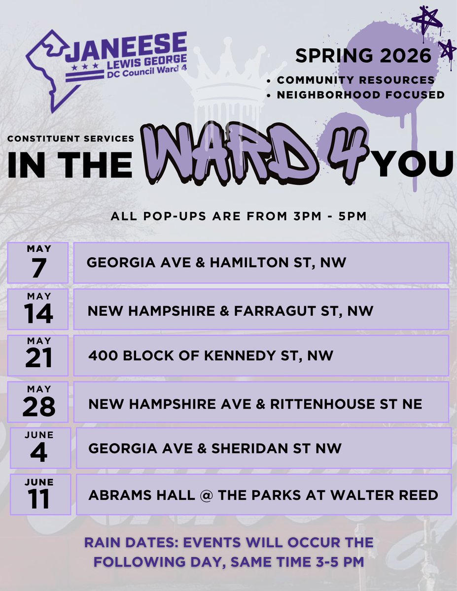 CMLewisGeorgeW4's tweet image. 🗣️ #Ward4 constituent services pop-ups are back starting next month!
 
Every Thursday from 3pm-5pm, my team and I will be out in the community with DC agencies, connecting neighbors with resources and troubleshooting constituent services issues.
 
Join us in your neighborhood: 👇🏾
