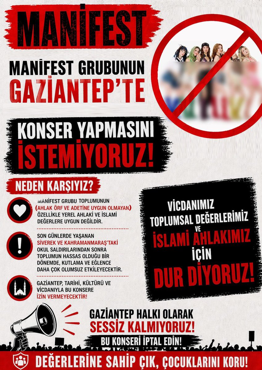 HERKES PAYLAŞIRSA İPTAL EDİLİR ⚠️

Şanlıurfa ve Kahramanmaraş’ta
yaşanan olaylar henüz tazeyken; 

Gazze’de soykırım, Doğu Türkistan’da zulüm ve gözyaşı devam ederken,
Bu festival toplumsal vicdanı yok saymaktır.

Gaziantep Manifest iptal edilmelidir.
<a href="/TC_icisleri/">T.C. İçişleri Bakanlığı</a> 🇹🇷