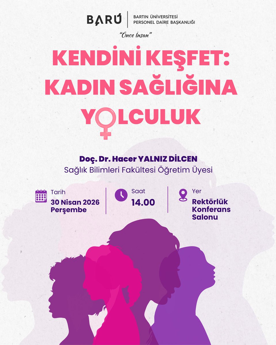 PDB_BARU's tweet photo. Kadın sağlığına dikkat çekmek ve farkındalık oluşturmak amacıyla Üniversitemiz Sağlık Bilimleri Fakültesi Ebelik Bölümü öğretim üyesi Doç. Dr. Hacer YALNIZ DİLCEN tarafından “Kendini Keşfet: Kadın Sağlığına Yolculuk” konulu hizmet içi eğitim düzenlenecektir.

📅 30 Nisan 2026 Perşembe
🕒 14.00
📍 Kutlubey Yerleşkesi Rektörlük Konferans Salonu