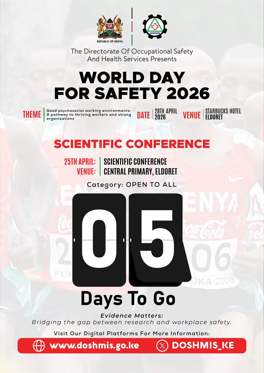 DOSHS_KE's tweet photo. Get prepared for the scientific conference coming this 27th April.
Brace yourself to newer knowledge, information and data on occupational safety and health.
#WSD2026 #ILO #Decentwork https://t.co/ZcYbx3cmcN