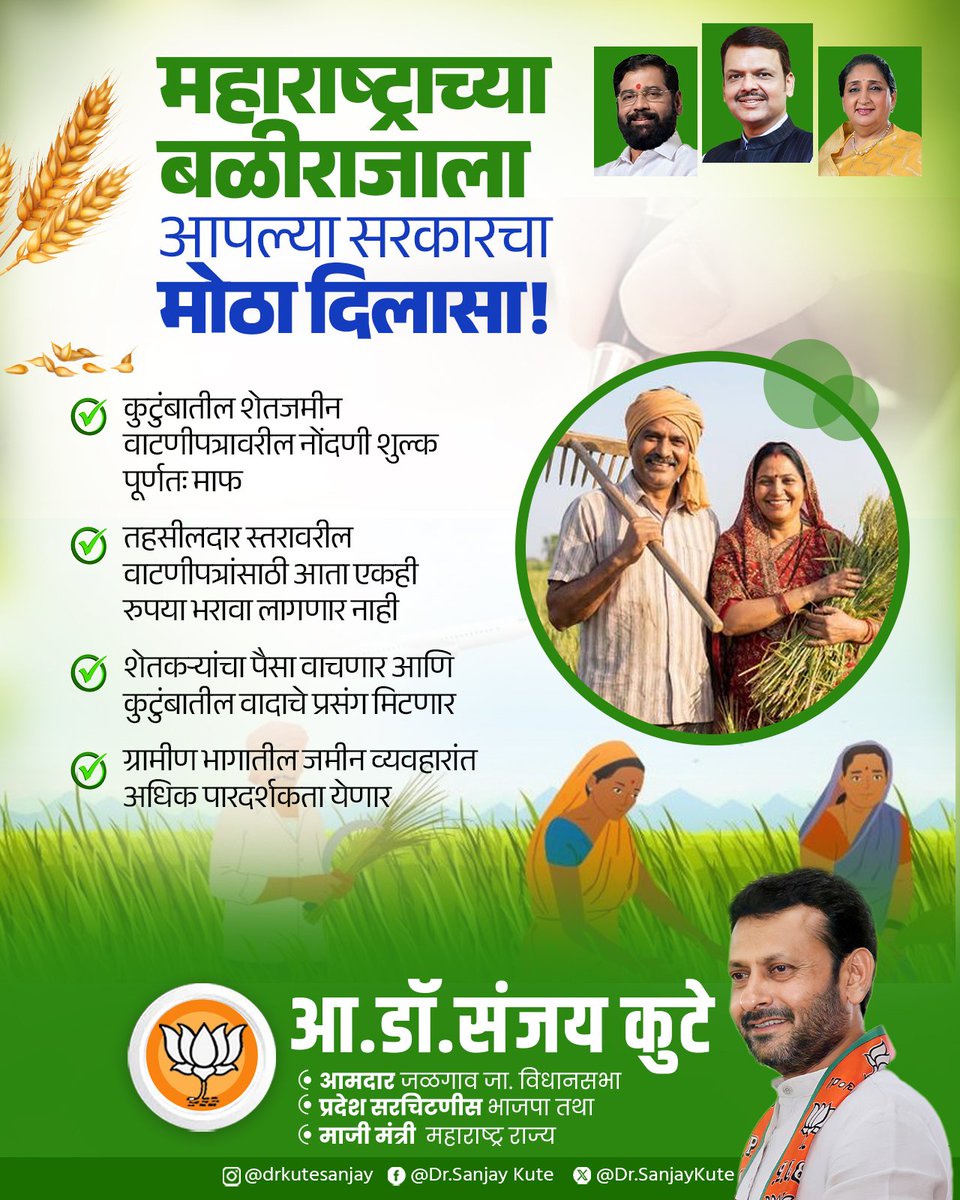 DrSanjayKute's tweet image. आपली भाजपा-महायुती शेतकऱ्यांच्या हितासाठी कटिबद्ध आहे. याच अनुषंगाने कुटुंबातील शेतजमीन वाटणीपत्रावरील नोंदणी शुल्क आता पूर्णतः माफ करण्यात आले आहे.

#FarmerWelfare #AgricultureReform #EmpoweringFarmers