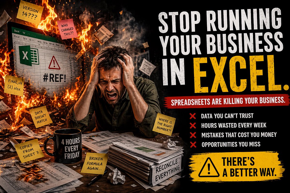 venzhofer's tweet photo. Your “master” spreadsheet is actually version 14.

Three people edit it. Nobody tracks changes. 

A formula broke 2 months ago and you just found out from a client.

You’re not using Excel anymore. 

You’re running a database that happens to look like Excel. https://t.co/SzD7TIJDye