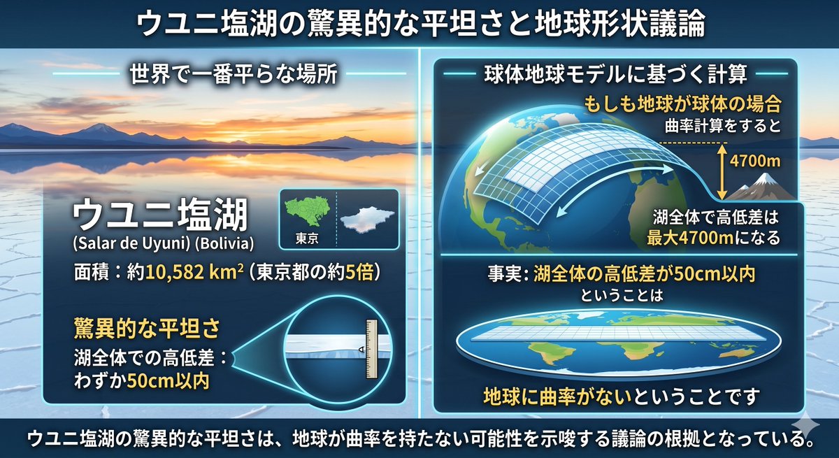 kazu_uracorona's tweet photo. 世界で一番平らな場所は、南米ボリビアにあるウユニ塩湖（Salar de Uyuni）と言われています。

驚異的な平坦さ: 
約10,582平方キロメートル（東京都の約5倍）という広大な面積を持ちながら、湖全体での高低差はわずか50cm以内しかありません。

もしも地球が球体の場合、曲率計算をすると湖全体での高低差は最大4700mになります。

湖全体の高低差が50cm以内ということは、地球に曲率がないということです。