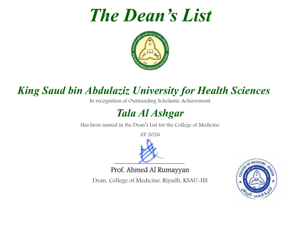 talaallash's tweet photo. الحمدلله دائماً وابدا 🤍

تم اختياري ضمن قائمة العميد الشرفية لكلية الطب بجامعة الملك سعود بن عبدالعزيز للعلوم الصحية https://t.co/MfQ8nV02VK
