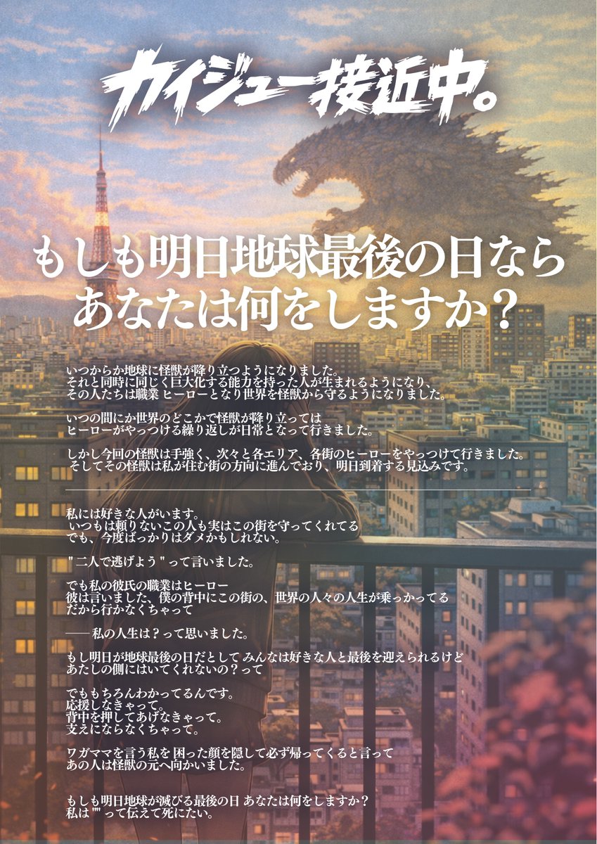 tenten_info's tweet photo. 新曲『カイジュー接近中。』
＼🎧配信スタート🎧／

──もしも明日地球最後の日なら
　　　　　あなたは何をしますか？──

今日を生きる君へ
"好き"の代わりに"負けないで"を

引用RPやハッシュタグツイートでの感想、
TikTok投稿もお待ちしてます🦖

🔽ご視聴はこちらから♬
https://t.co/K9LqW1yMPJ

#点染テンセイ少女。
#カイジュー接近中。 
#村人T