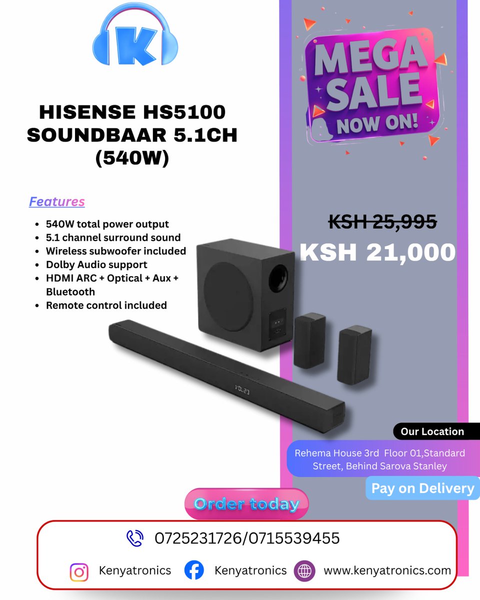 kenyatronics's tweet photo. Turn Up Your Home Entertainment with Hisense Soundbars!
Crisp sound. Deep bass. Cinematic vibes at home 
Hot Deals:
✔️ 140W HS1800 @ Ksh 9,995
✔️ 200W HS2100 @  Ksh 14,000
✔️ 480W HS3100 (3.1CH) @ Ksh 17,500
✔️ 540W HS5100 (5.1CH) @ Ksh 21,000
Feel every beat. Hear every detail. https://t.co/KnJbFaGvGX