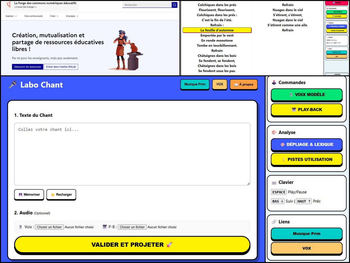 NicoleChedotal's tweet photo. 🔨✨ Les filles forgent aussi !
➡️Découvrez #LaboChant, une appli hébergée sur #LaForgeEdu con��ue pour soutenir l'enseignement d'un chant.
✅ Surlignage dynamique (touches ↑↓)
✅ Écoute active & lexique intégré
✅ Accès Musique Prim & Vox
🚀 Testez-la : https://t.co/kCUsP1DuCr https://t.co/OayP2UBbVB