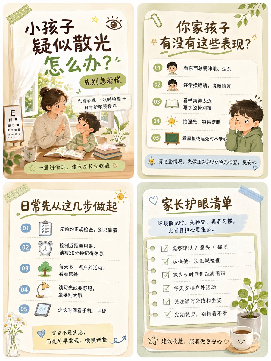 MrLarus's tweet photo. 😜教你做小红书健康养生知识博主，可以直接起号了！

用ChatGPT-Image-2.0生成小红书健康养生四宫格，切图后就可以发布了！清爽温和的生活风，适合想输出情绪舒缓、轻养生知识内容的博主。

通用提示词：
请生成一张适合小红书发布的“养生赛道”图文内容母版大图。

【主题规则】
本次主题为：【这里写一句主题内容】。  
如果【主题】填写“随机”，请自动选择一个适合小红书传播、适合收藏和涨粉的养生主题。可优先从这些方向中自由选择并发挥：
熬夜修复、睡眠改善、脾胃养护、早餐养生、上班族轻养生、手脚冰凉、气色调理、久坐舒缓、泡脚养生、换季养护、情绪舒缓、女性日常养护、秋冬滋养、春季养护、低成本养生习惯。 

【画布与排版要求】
- 整体画布比例为 3:4，竖版构图，符合小红书图片阅读习惯。
- 画面内部为 2×2 四宫格排版，共 4 张可独立裁切的小图。
- 四张小图之间要有清晰分隔、留白或卡片边界，方便后期切图。
- 每张小图都必须构图完整、内容独立、可单独发布。
- 每张小图中的主体与文字不要贴边，避免后期裁切受影响。

【核心风格要求】
整体风格必须符合“小红书优质养生博主内容”的审美方向：
- 清爽、温和、自然、干净、舒服、生活化、轻专业
- 有收藏感、阅读感、可信感，不要像广告图，也不要像医院宣传页
- 更像高质量博主整理出的实用养生笔记，而不是营销海报
- 画面精致、有统一感，但不要僵硬模板化
- 适合年轻人、上班族、女生用户浏览和保存

【风格自由度要求】
请不要死板地固定一种配色或同一种元素。
请先理解【主题】的内容气质，再自动匹配最合适的视觉风格、主色调、辅助色、生活元素和氛围表达，但整体仍需保持在“小红书养生卡片风”的统一大方向中。

也就是说：
- 如果主题偏“熬夜 / 睡眠 / 修复”，可偏米白、奶油色、浅绿、柔和暖光、夜晚与晨间元素
- 如果主题偏“脾胃 / 早餐 / 温补”，可偏燕麦色、浅杏色、暖米色、食物与餐桌感
- 如果主题偏“清爽 / 去火 / 夏季 / 情绪舒缓”，可偏浅绿、浅蓝、白色、清透轻盈感
- 如果主题偏“女性养护 / 气色 / 经期前后”，可偏柔粉、豆沙、杏粉、米白等温柔色系
- 如果主题偏“秋冬滋养 / 手脚冰凉”，可偏暖棕、奶咖、米杏、柔和暖调
- 允许根据主题加入最自然的生活化道具、食材、植物、器皿、便签、清单、插画、人物场景等
- 允许轻微变化和创意发挥，但不要偏离“小红书养生内容卡片”的整体调性

【视觉语言要求】
请使用高完成度、平台友好的视觉表达：
- 可采用“生活方式海报 + 轻信息卡片 + 小红书笔记封面”的融合风格
- 可使用：圆角卡片、纸张感、便签感、柔和自然光、轻杂志排版、温和插画、生活感实��、干净背景
- 适合搭配的元素包括：温水、茶饮、早餐、谷物、水果、植物、日常器皿、作息图标、轻插画人物、手写感小装饰、贴纸感提示语等
- 整体要有呼吸感和留白，不要堆满，不要低质廉价
- 文字清晰可读，中文排版整齐，适合手机端阅读
- 每张图的信息量适中，不要出现过密小字

【四张图的固定内容结构】
请保持四张图为同一主题下的系列内容，并按以下结构输出：

1）第1张：封面图
- 用于吸引点击
- 必须有醒目的中文大标题
- 可加入一句副标题，点明人群、场景或收益点
- 视觉上最抓人，最有“小红书封面感”
- 标题应口语化、生活化、好理解，有收藏和点击欲望

2）第2张：共鸣图 / 自查图
- 用于让用户迅速代入
- 列出与【主题】相关的 3～5 个常见表现、误区、身体信号或生活状态
- 让用户产生“这说的就是我”的感觉
- 表达要简洁，不说教，不夸张

3）第3张：方法图 / 建议图
- 输出与【主题】相关的 3～5 ��日常养生建议
- 内容必须简单、温和、可执行、低门槛
- 更偏“生活方式建议”，不要像临床诊断
- 可以加入作息、饮食、运动、休息、情绪、节奏调整等内容

4）第4张：总结图 / 清单图
- 用于促进收藏与转发
- 用一句话总结主题核心逻辑
- 再整理成一份简洁明了的行动清单 / 修复清单 / 日常提醒
- 要有“建议收藏”的感觉，但不要过度营销

【文案要求】
- 所有文字必须为中文
- 标题尽量简洁有力，适合小红书表达习惯
- 文案整体口语化、自然、真诚、轻提醒感
- 适合使用“你是不是也这样”“建议收藏”“普通人也能做到”“先别急着补”“先从这几步开始”等自然表达
- 不要写成长篇大论，不要满屏大段文字
- 每张图聚焦一个重点，利于扫读

【平台与审核友好要求】
内容必须符合小红书风格与审核友好方向：
- 聚焦日常作息、饮食、生活习惯、情绪调节、轻养护建议
- 不要涉及疾病诊断
- 不要出现明确治疗承诺
- 不要出现“根治、速效、包好、立刻见效、药到病除”等夸张疗效表述
- 不要有保健品硬广感
- 不要制造焦虑，也不要神化某个方法
- 整体应传达“温和改善、节奏修复、长期养护”的理念

【最终效果目标】
请生成一张高完成度的小红书养生图文母版：
- 一张大图中包含 4 张竖版小图
- 四张图风格统一、但细节有变化
- 每张图都可以单独裁切使用
- 看起来像真实优质小红书博主发布的系列养生内容
- 具备较强的收藏感、阅读感、分享感和关注转化潜力