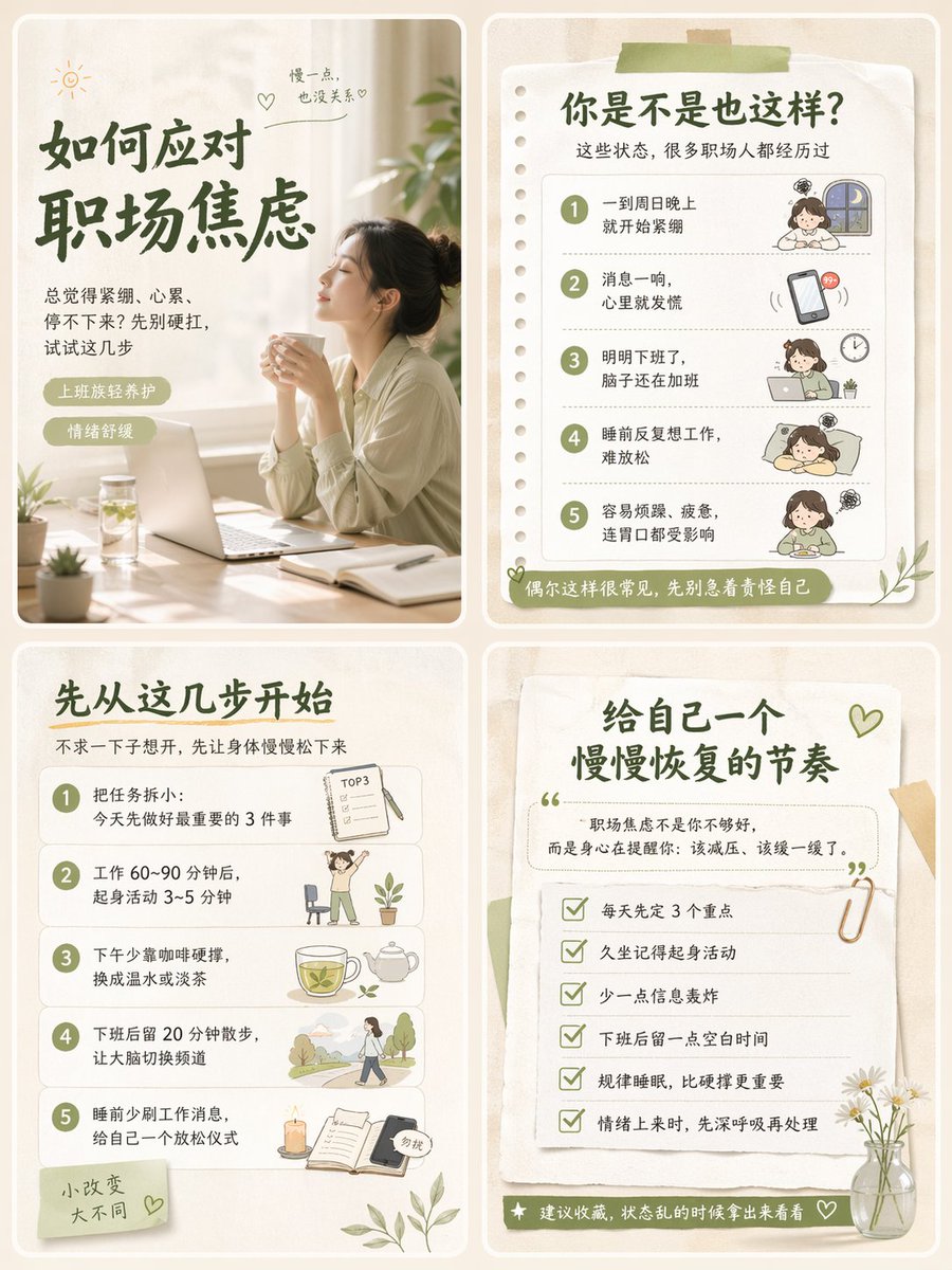 MrLarus's tweet photo. 😜教你做小红书健康养生知识博主，可以直接起号了！

用ChatGPT-Image-2.0生成小红书健康养生四宫格，切图后就可以发布了！清爽温和的生活风，适合想输出情绪舒缓、轻养生知识内容的博主。

通用提示词：
请生成一张适合小红书发布的“养生赛道”图文内容母版大图。

【主题规则】
本次主题为：【这里写一句主题内容】。  
如果【主题】填写“随机”，请自动选择一个适合小红书传播、适合收藏和涨粉的养生主题。可优先从这些方向中自由选择并发挥：
熬夜修复、睡眠改善、脾胃养护、早餐养生、上班族轻养生、手脚冰凉、气色调理、久坐舒缓、泡脚养生、换季养护、情绪舒缓、女性日常养护、秋冬滋养、春季养护、低成本养生习惯。 

【画布与排版要求】
- 整体画布比例为 3:4，竖版构图，符合小红书图片阅读习惯。
- 画面内部为 2×2 四宫格排版，共 4 张可独立裁切的小图。
- 四张小图之间要有清晰分隔、留白或卡片边界，方便后期切图。
- 每张小图都必须构图完整、内容独立、可单独发布。
- 每张小图中的主体与文字不要贴边，避免后期裁切受影响。

【核心风格要求】
整体风格必须符合“小红书优质养生博主内容”的审美方向：
- 清爽、温和、自然、干净、舒服、生活化、轻专业
- 有收藏感、阅读感、可信感，不要像广告图，也不要像医院宣传页
- 更像高质量博主整理出的实用养生笔记，而不是营销海报
- 画面精致、有统一感，但不要僵硬模板化
- 适合年轻人、上班族、女生用户浏览和保存

【风格自由度要求】
请不要死板地固定一种配色或同一种元素。
请先理解【主题】的内容气质，再自动匹配最合适的视觉风格、主色调、辅助色、生活元素和氛围表达，但整体仍需保持在“小红书养生卡片风”的统一大方向中。

也就是说：
- 如果主题偏“熬夜 / 睡眠 / 修复”，可偏米白、奶油色、浅绿、柔和暖光、夜晚与晨间元素
- 如果主题偏“脾胃 / 早餐 / 温补”，可偏燕麦色、浅杏色、暖米色、食物与餐桌感
- 如果主题偏“清爽 / 去火 / 夏季 / 情绪舒缓”，可偏浅绿、浅蓝、白色、清透轻盈感
- 如果主题偏“女性养护 / 气色 / 经期前后”，可偏柔粉、豆沙、杏粉、米白等温柔色系
- 如果主题偏“秋冬滋养 / 手脚冰凉”，可偏暖棕、奶咖、米杏、柔和暖调
- 允许根据主题加入最自然的生活化道具、食材、植物、器皿、便签、清单、插画、人物场景等
- 允许轻微变化和创意发挥，但不要偏离“小红书养生内容卡片”的整体调性

【视觉语言要求】
请使用高完成度、平台友好的视觉表达：
- 可采用“生活方式海报 + 轻信息卡片 + 小红书笔记封面”的融合风格
- 可使用：圆角卡片、纸张感、便签感、柔和自然光、轻杂志排版、温和插画、生活感实��、干净背景
- 适合搭配的元素包括：温水、茶饮、早餐、谷物、水果、植物、日常器皿、作息图标、轻插画人物、手写感小装饰、贴纸感提示语等
- 整体要有呼吸感和留白，不要堆满，不要低质廉价
- 文字清晰可读，中文排版整齐，适合手机端阅读
- 每张图的信息量适中，不要出现过密小字

【四张图的固定内容结构】
请保持四张图为同一主题下的系列内容，并按以下结构输出：

1）第1张：封面图
- 用于吸引点击
- 必须有醒目的中文大标题
- 可加入一句副标题，点明人群、场景或收益点
- 视觉上最抓人，最有“小红书封面感”
- 标题应口语化、生活化、好理解，有收藏和点击欲望

2）第2张：共鸣图 / 自查图
- 用于让用户迅速代入
- 列出与【主题】相关的 3～5 个常见表现、误区、身体信号或生活状态
- 让用户产生“这说的就是我”的感觉
- 表达要简洁，不说教，不夸张

3）第3张：方法图 / 建议图
- 输出与【主题】相关的 3～5 ��日常养生建议
- 内容必须简单、温和、可执行、低门槛
- 更偏“生活方式建议”，不要像临床诊断
- 可以加入作息、饮食、运动、休息、情绪、节奏调整等内容

4）第4张：总结图 / 清单图
- 用于促进收藏与转发
- 用一句话总结主题核心逻辑
- 再整理成一份简洁明了的行动清单 / 修复清单 / 日常提醒
- 要有“建议收藏”的感觉，但不要过度营销

【文案要求】
- 所有文字必须为中文
- 标题尽量简洁有力，适合小红书表达习惯
- 文案整体口语化、自然、真诚、轻提醒感
- 适合使用“你是不是也这样”“建议收藏”“普通人也能做到”“先别急着补”“先从这几步开始”等自然表达
- 不要写成长篇大论，不要满屏大段文字
- 每张图聚焦一个重点，利于扫读

【平台与审核友好要求】
内容必须符合小红书风格与审核友好方向：
- 聚焦日常作息、饮食、生活习惯、情绪调节、轻养护建议
- 不要涉及疾病诊断
- 不要出现明确治疗承诺
- 不要出现“根治、速效、包好、立刻见效、药到病除”等夸张疗效表述
- 不要有保健品硬广感
- 不要制造焦虑，也不要神化某个方法
- 整体应传达“温和改善、节奏修复、长期养护”的理念

【最终效果目标】
请生成一张高完成度的小红书养生图文母版：
- 一张大图中包含 4 张竖版小图
- 四张图风格统一、但细节有变化
- 每张图都可以单独裁切使用
- 看起来像真实优质小红书博主发布的系列养生内容
- 具备较强的收藏感、阅读感、分享感和关注转化潜力