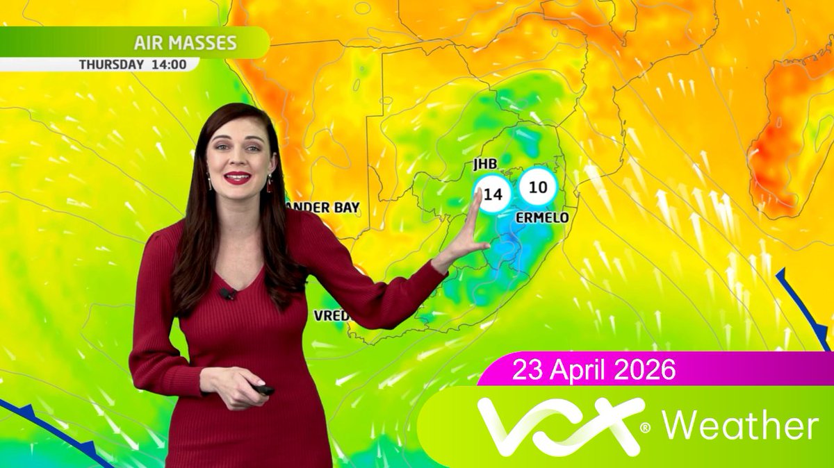VoxWeatherZa's tweet image. 23 Apr 2026 | Vox Weather

🥶 Winter in autumn! Icy cold, wet &amp;amp; WINDY spreading over NE SA.

⚠️SAWS warnings: ⚠️
🟡 L2 &amp;amp; L4: Storms in parts of NW, GP, LP &amp;amp; NCape
🟡 L1 &amp;amp; L2: Winds &amp;amp; waves between Alexander Bay &amp;amp; Algoa Bay

Forecast:youtu.be/RoNXL-_jy9g

#VoxWeather #COLD