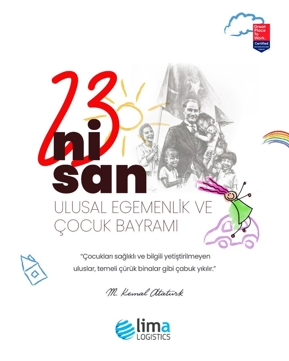 Limalojistik's tweet photo. 23 Nisan Ulusal Egemenlik ve Çocuk Bayramımız kutlu olsun🎉🇹🇷🎈

Bu sözün izinde biliyoruz ki; eşit fırsatlarla büyüyen 🤝, özgürce öğrenen 📚 ve umutla geleceğe bakan 🌈 çocuklar, sağlam yarınların temelidir 🏡✨
.
.
.
#limalogistics #limagreen #limaeurope #23nisan https://t.co/DYu6lSvwGx