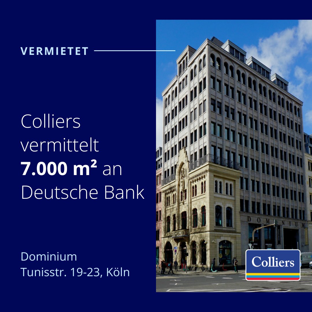 ColliersGermany's tweet photo. #Dealtime: Für die Deutsche Bank konnten wir rund 7.000 m² Büro- und Filialfläche im Dominium #Köln in der Tunisstraße 19–23 sichern. Vermieter der Flächen ist Generali Real Estate.

Mehr Infos: https://t.co/odCKt6Nth2 https://t.co/KGYW7wu2kh