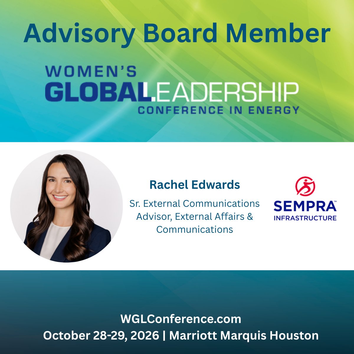 WGLNetwork's tweet photo. Welcome Rachel Edwards of Sempra Infrastructure to the WGLC 2026 Advisory Board.

Speaker submissions close April 24
https://t.co/EGjZlZ0ajy

Register early and save
https://t.co/eGOB1I2C4N

#WGLC26 https://t.co/lSC7tsQZja