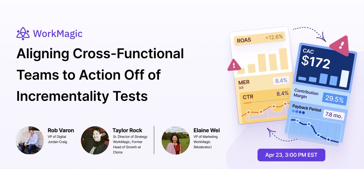 WorkMagic_io's tweet photo. Incrementality tests — sounds great in practice, but hard to make actionable right?

Not exactly.

In this live session with Taylor Rock and Robert, they'll share how they approached this at Clorox, Burt’s Bees, and Jordan Craig, and get their cross-functional teams working off the same foundation.

👉 Save your spot: https://t.co/DZ9uGiRKwo