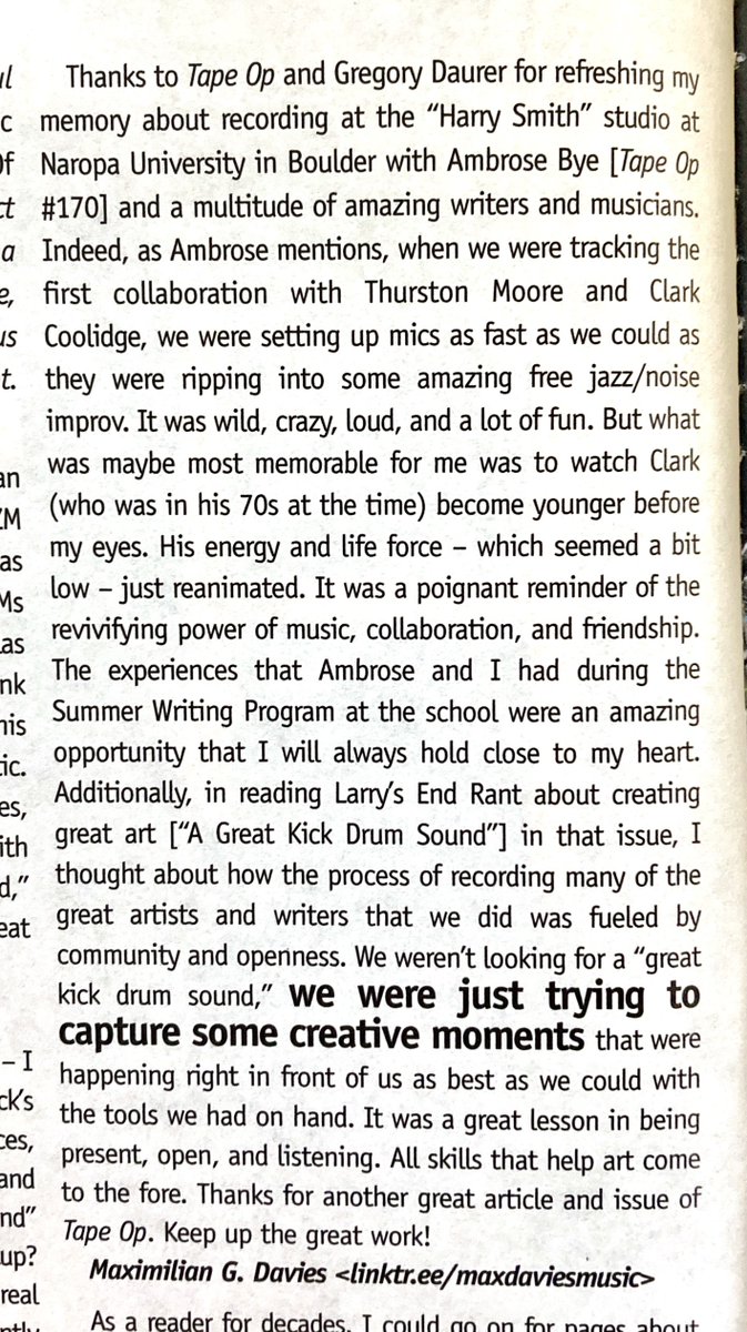 Gregory_Ego's tweet photo. @tapeopmag Gratified to read this letter in the latest Tape Op magazine regarding my interview (above) with Ambrose Bye. The letter writer, Max Davies, is a musician/producer mentioned in the interview. He discusses the collaboration between poet/drummer Clark Coolidge and Thurston Moore... https://t.co/wx6GBIDLb5