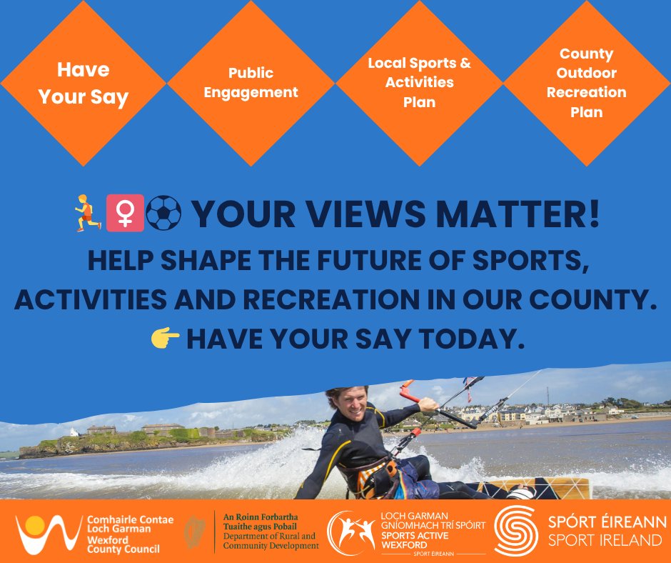 wexfordcoco's tweet image. 📣 #HaveYourSay – Sports, Activities &amp;amp; Outdoor Recreation in Co. Wexford
The public survey for the Local Sport and Activities Plan and the County Outdoor Recreation Plan is still open – and we want to hear from you.
Your views are vital to ensure these plans reflect the
