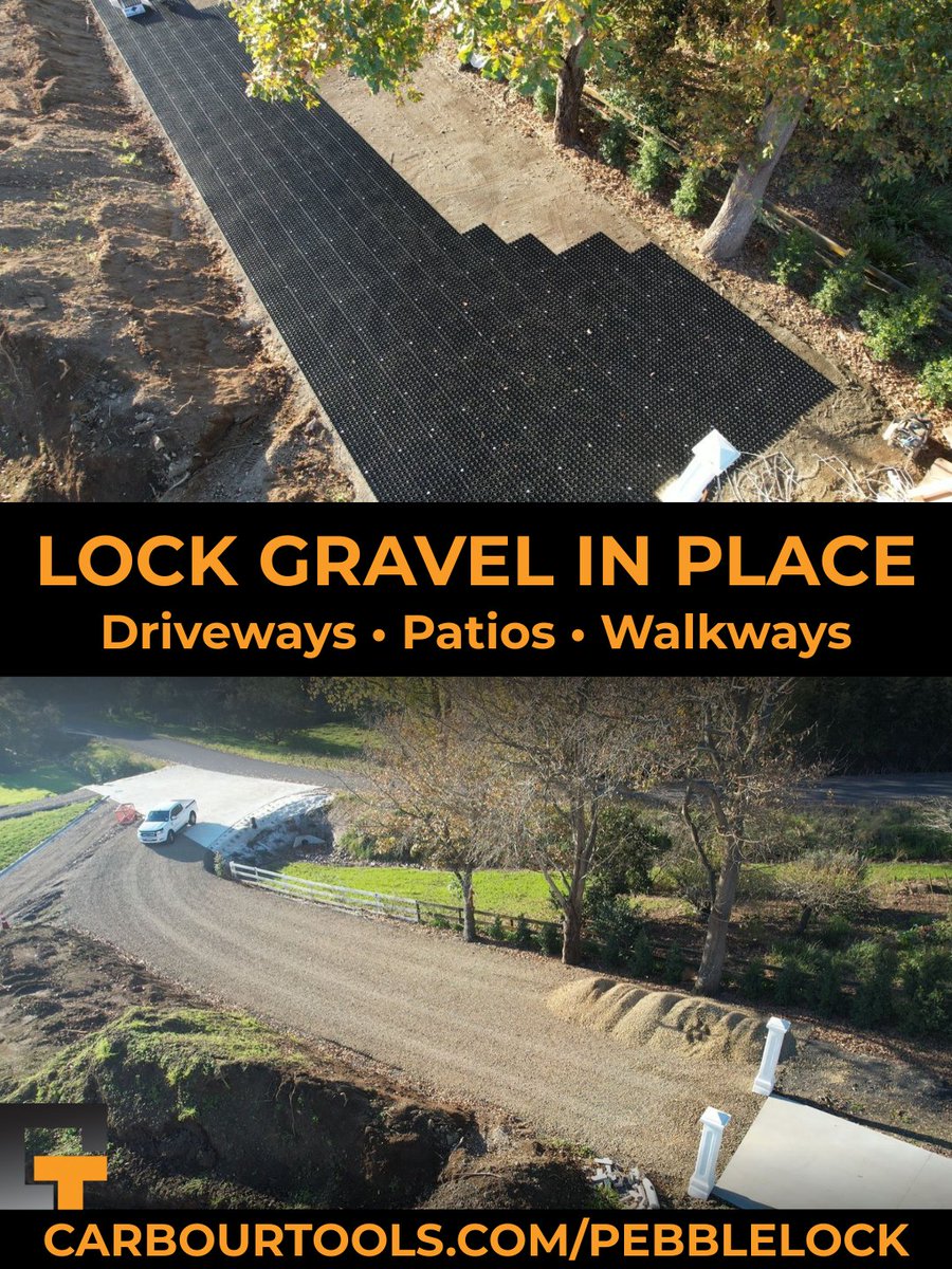 CarbourTools's tweet image. Tired of gravel wash outs and ruts?

PebbleLock is the hidden grid that keeps gravel driveways, patios, and walkways smooth, stable, and sustainable.

👷‍♂️ Now Available: carbourtools.com/pebblelock 

#Hardscaping #Landscaping #DrivewayDesign #SustainableDesign #pavers