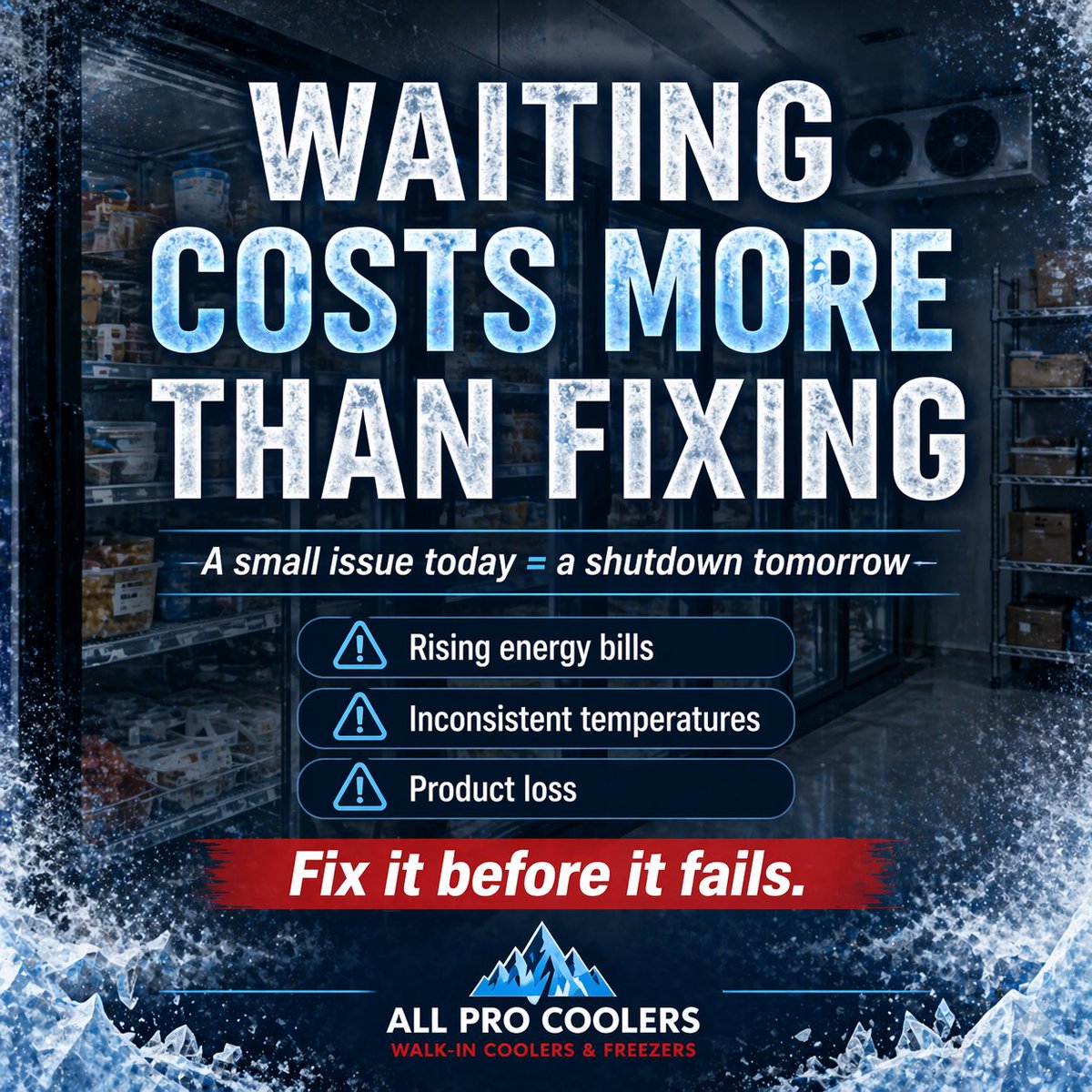 AllCoolers's tweet photo. Walk-in cooler failures build from ignored issues. If you notice higher bills, temperature problems, or inconsistencies, act now! A quick fix saves you thousands later. 📞 Corp: (864) 540-8373  🌐 https://t.co/r2P0JBAqcc #CoolerCare #SaveMoney #HVACTips https://t.co/poc2z2IJ2E