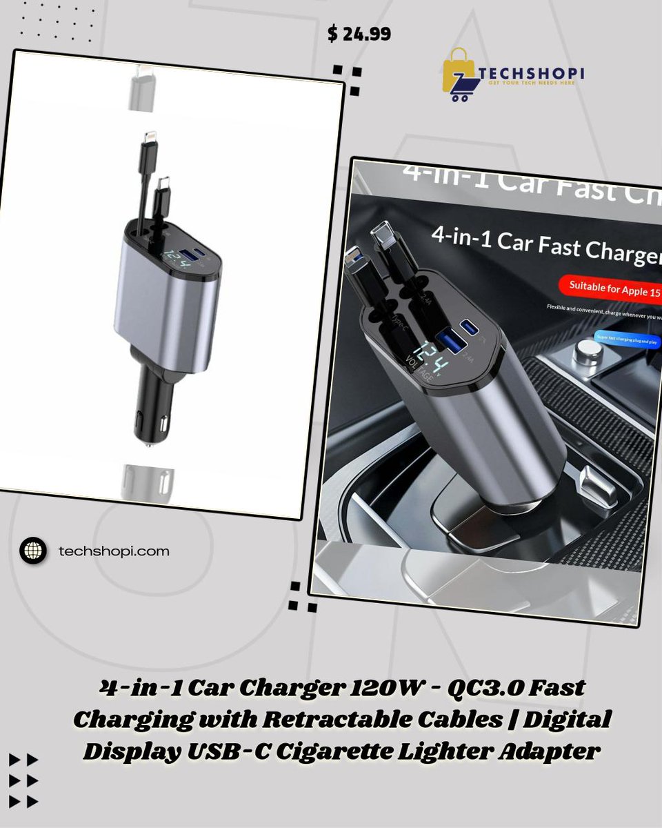 TechShopi's tweet image. Rev up your road trips with our 4-in-1 Car Charger! Fast charging, retractable cables, and a sleek digital display—stay powered up wherever you go! #FastCharging #RetractableCables

Shop Now techshopi.com/products/4-in-…