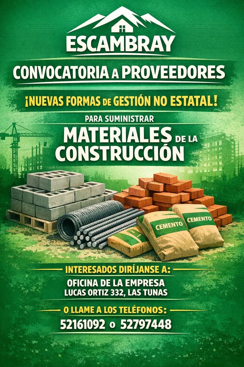 🗣️ La Empresa Comercializadora en Las Tunas invita a las nuevas formas de gestión no estatal a participar como proveedores de materiales de la construcción.  

Para más información comunícate a los teléfonos 📲 52161092 y 
📲52797448.  

<a href="/CubaCubacons/">Grupo Empresarial Construcción y Montaje</a> 
<a href="/CubaMicons/">Ministerio de la Construcción</a> 
<a href="/Smith_inf/">Smith</a>