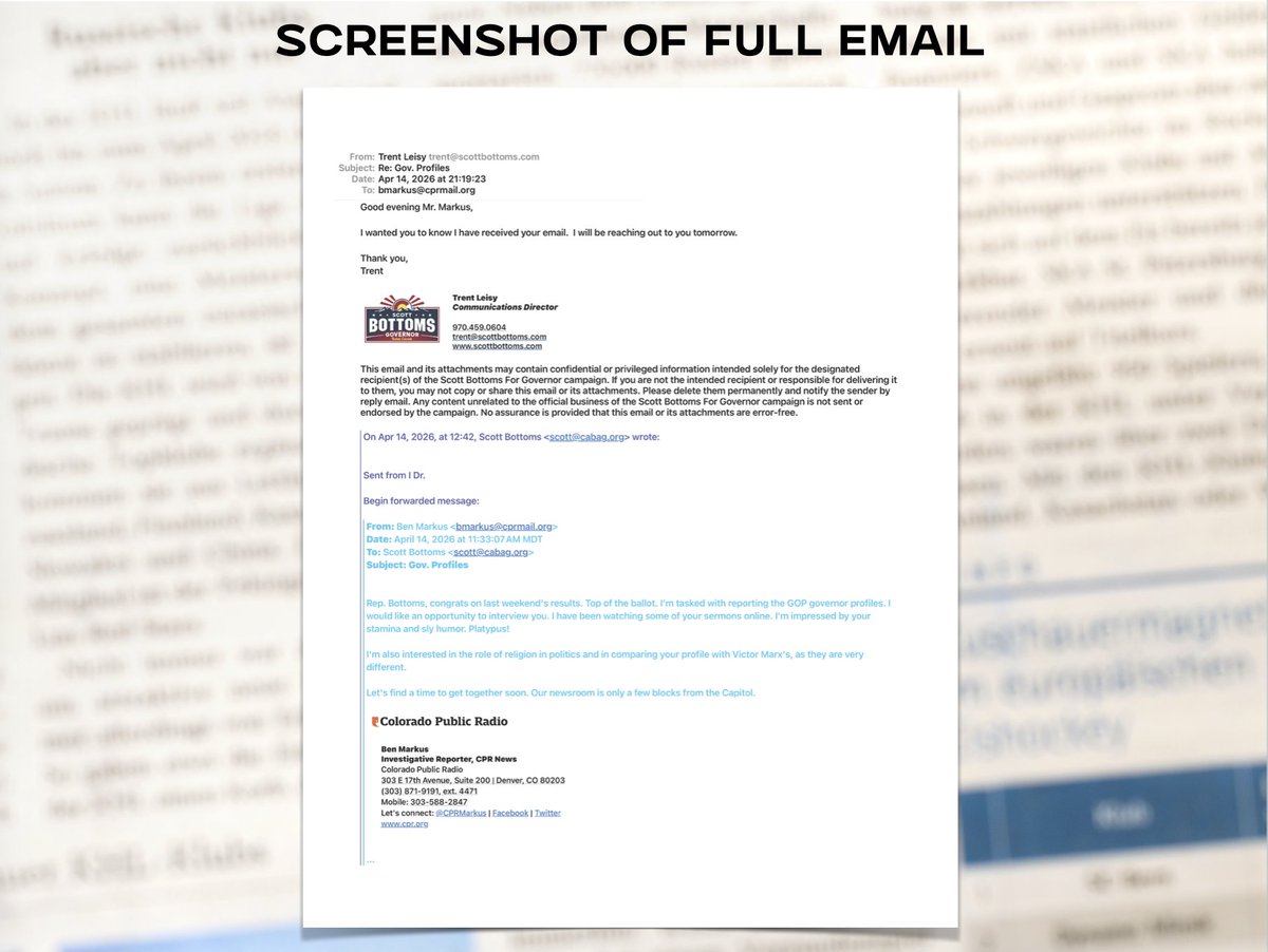 ScottBottomsCO's tweet image. @victormarx, share the full email. Prove us wrong. What else are you lying about? Why do you have internal emails between our campaign and Denver CPR?

We have been and will continue to focus on policy and our plans to reclaim Colorado from the radical left. #ReclaimColorado.