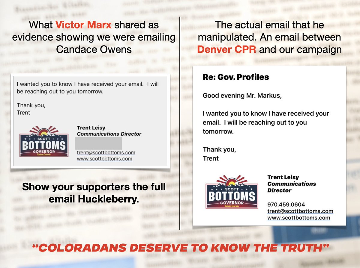 ScottBottomsCO's tweet image. @victormarx, share the full email. Prove us wrong. What else are you lying about? Why do you have internal emails between our campaign and Denver CPR?

We have been and will continue to focus on policy and our plans to reclaim Colorado from the radical left. #ReclaimColorado.