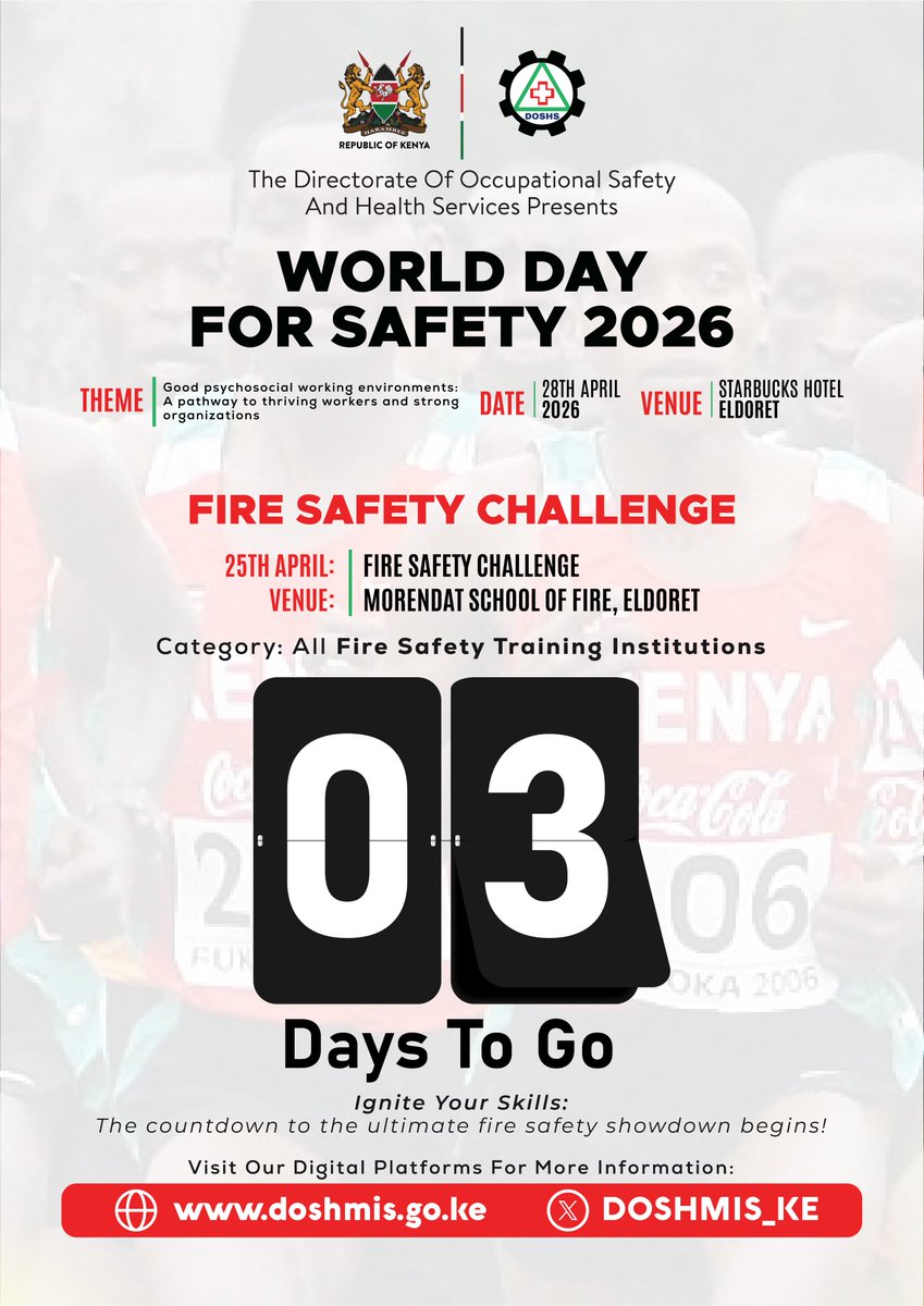 DOSHS_KE's tweet photo. FIRE! FIRE!
Do you know what causes fire?
Can you extinguish one?
Join us as teams showcase their technical skills to counter the flames that can cause harm or injury to people, damage to property and disruption of processes.
#WorlSafetyDay2026 #DecentWork #FireRiskReduction #ILO https://t.co/7RIIEiPWWV