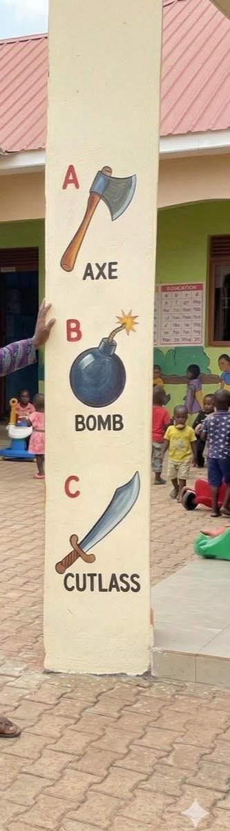 I saw this picture on someone's post in a primary school. 
What kind of violence is being instilled in kids? 
Nothing concern Benin children with A for apple, b for ball 🤣🤣🤣🤣