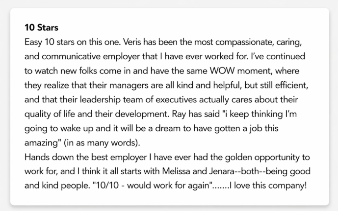 VerisCPA's tweet photo. We recently ran an internal survey and asked our team for honest feedback.

This response says a lot more than we ever could.

Grateful for our team and the environment we’re continuing to build together.

#TheProactiveCPA #CompanyCulture #TeamVeris https://t.co/SOBFQxQyhS