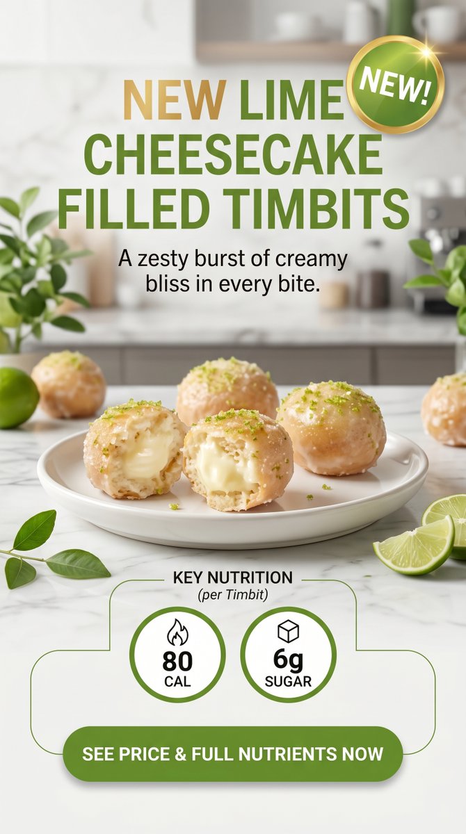 Wendy18649's tweet image. Try Lime Cheesecake Filled Timbit, a bite-sized donut packed with tangy lime and creamy cheesecake filling. Discover price, calories, ingredients, and why Lime Cheesecake Filled Timbit is a must-try treat. 🍩🍋
#timbit #bakery #chocolate #newmenu #dessert
timhortonsmenucanada.ca/tim-hortons-li…