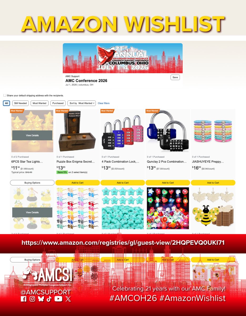 🎉 You can help shape the 21st Annual AMCSI Conference 🎉

We built an <a href="/Amazon/">Amazon</a> Wishlist with items that directly support activities &amp; experiences!💙

🛍️ Support here: amazon.com/registries/gl/…

#AMCOH26 #AMCStrong #SupportAMC #GiveBack #AmazonWishlist