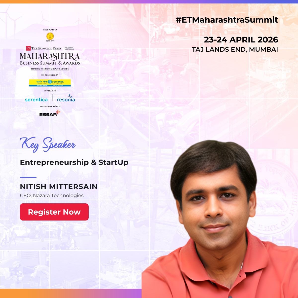 ETEntrepreneur_'s tweet image. From gaming to global scale 
Welcoming Nitish Mittersain, CEO, Nazara Technologies at #ETMaharashtraSummit 2026.
23–24 April | Taj Lands End, Mumbai

Register: b2b.economictimes.indiatimes.com/maharashtra-bu…

#StartupLeadership #Gaming