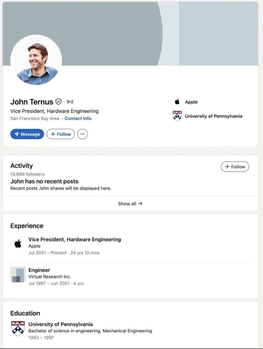 nonoinvestidor's tweet image. Esse é o perfil do Linkedin do novo CEO da Apple. E você aí perdendo seu tempo tirando foto profissional, colocando fundo, escrevendo textinho “hoje encontrei um rapaz encantador no Semáforo”, dicas sobre Claude que vc nunca usou etcetc. Sobra nada pro poetinha de Linkedin!!