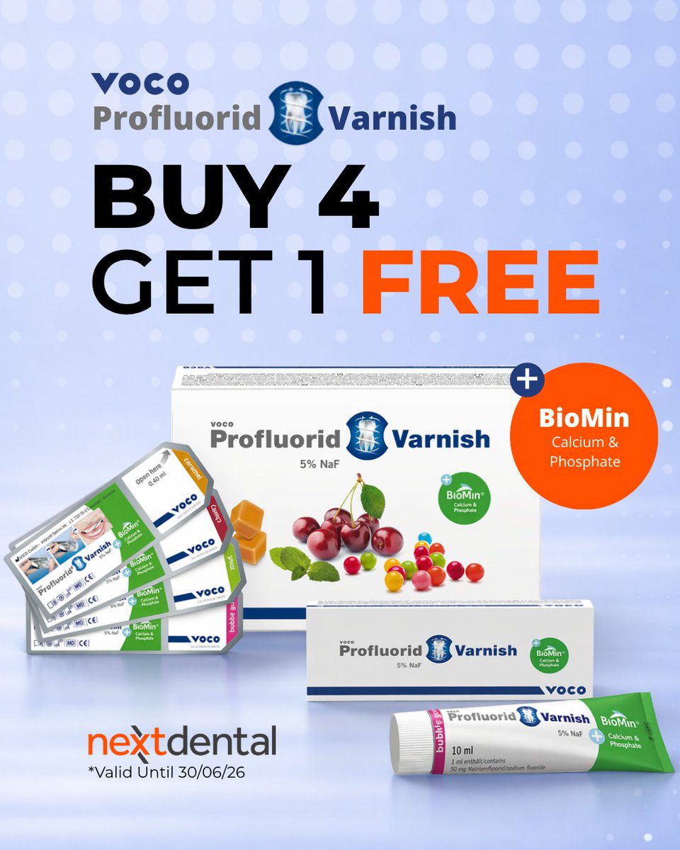 NextDental's tweet image. Stronger enamel, smarter savings 🦷✨
Upgrade preventive care with VOCO Profluorid Varnish + BioMin!
✔️ 5% NaF for trusted desensitisation
✔️ Strengthens weakened enamel
✔️ Hygienic SingleDose application

🔥 Buy 4, Get 1 FREE
📅 Ends 30/06/2026
#NextDental #OralHealth #Dental