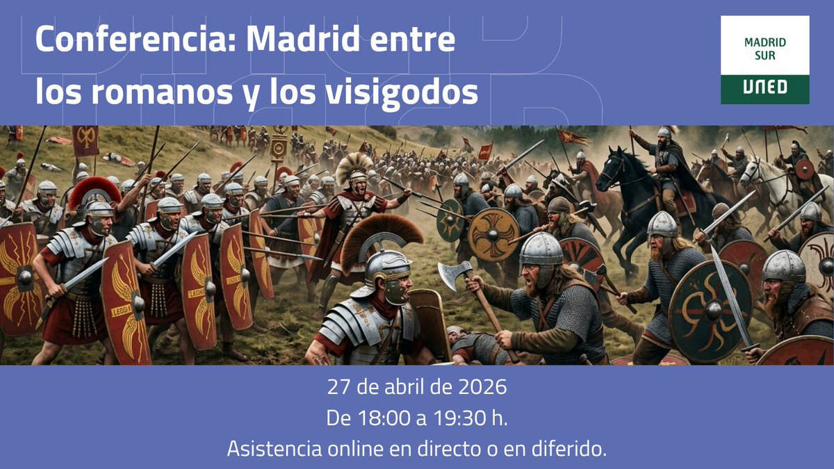 UNEDMadridSur's tweet image. Conoce una etapa clave de la historia de la región con la conferencia Madrid entre los romanos y los visigodos de UNED Madrid Sur. Será online el 27 de abril, de 18:00 a 19:30 h. Inscripción: extension.uned.es/actividad/52245 No tiene certificado.