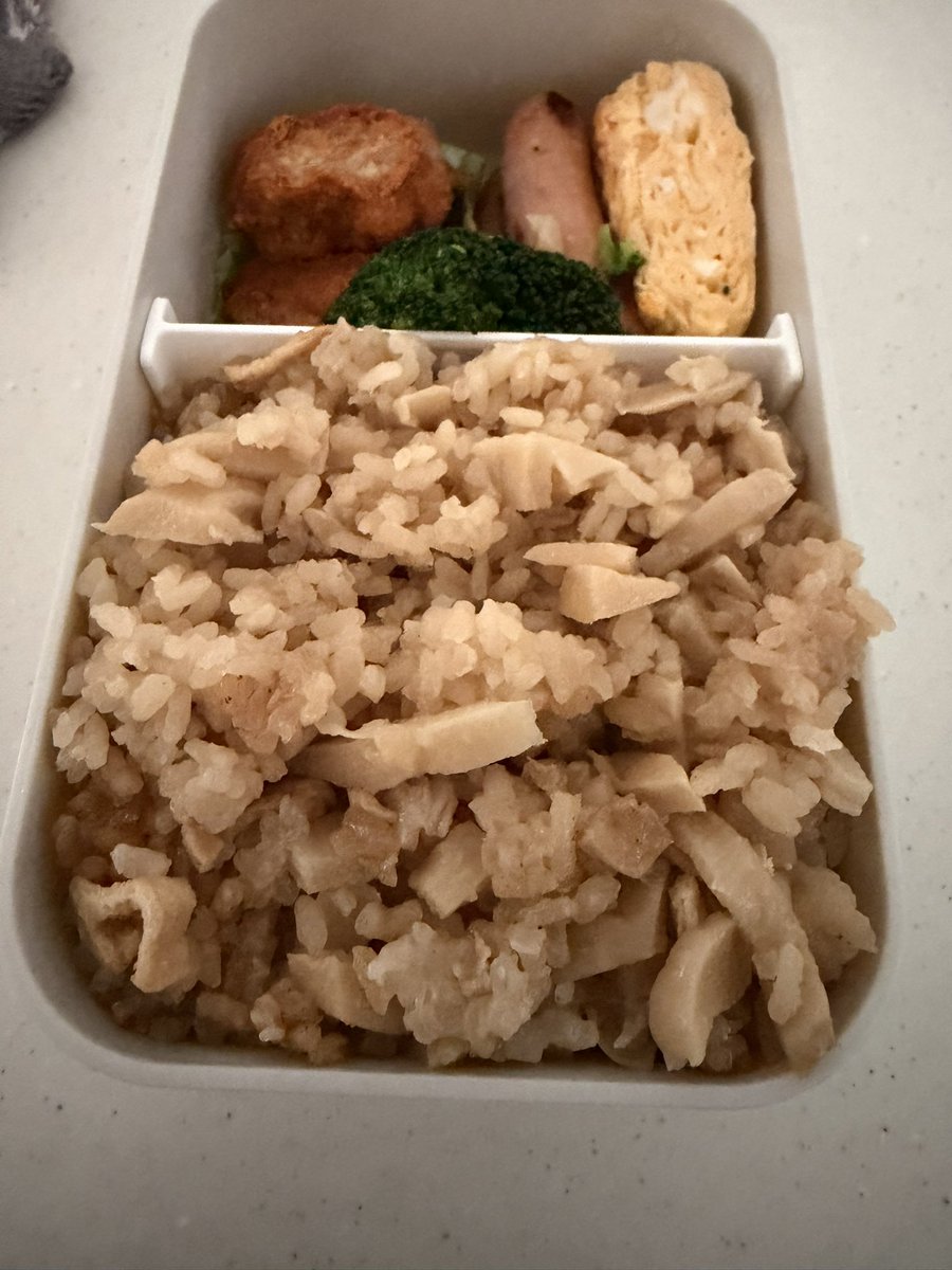 今日のお弁当は、たけのこご飯に頼りすぎておかずが雑になった事を反省します。

#TENSONG 

お弁当撮るのほんま忘れる。朝は一分一秒の戦い🫩🫩