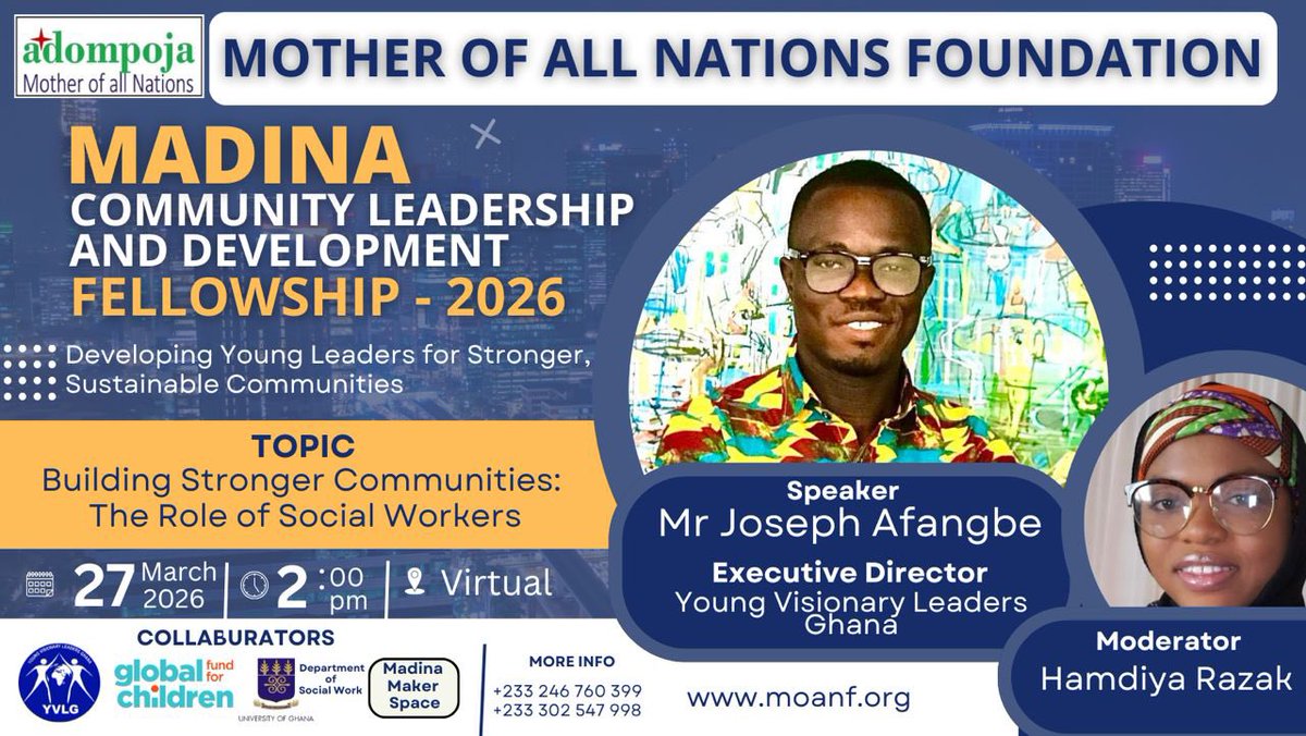YVLGhana's tweet photo. YVLG was honoured to join the Madina Community Leadership &amp; Development Fellowship organized by @MOAN. Our Executive Director spoke on Building Stronger Communities: The Role of Social Workers with about 40 University of Ghana Social Work students. #leadership https://t.co/LdVnbRx5MI