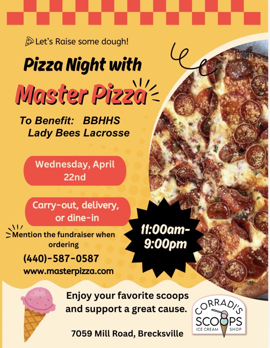 Lady Bees Lacrosse Master Pizza Fundraiser

Here are the details:
When: Wednesday, April 22nd, 11:00 am–9:00 pm
Where: Master Pizza
How to Order: Carry-out, delivery, or dine-in
Phone: (440)-587-0587
Website: masterpizza.com