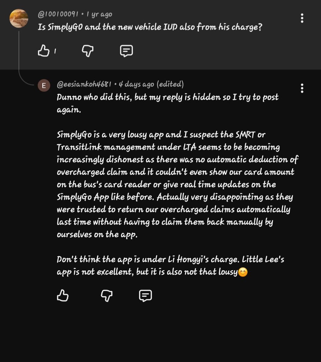 ee_sian's tweet image. Beware of @LTAsg.Think they are very close with Singapore's media as my posts on @Reddit were removed &amp;amp; my community was banned &amp;amp; now @zaobaosg @YouTube hide #LTA comment

They are hiding them being #dishonest &amp;amp; no #automatic #return of #overcharges when they did so in the #past.