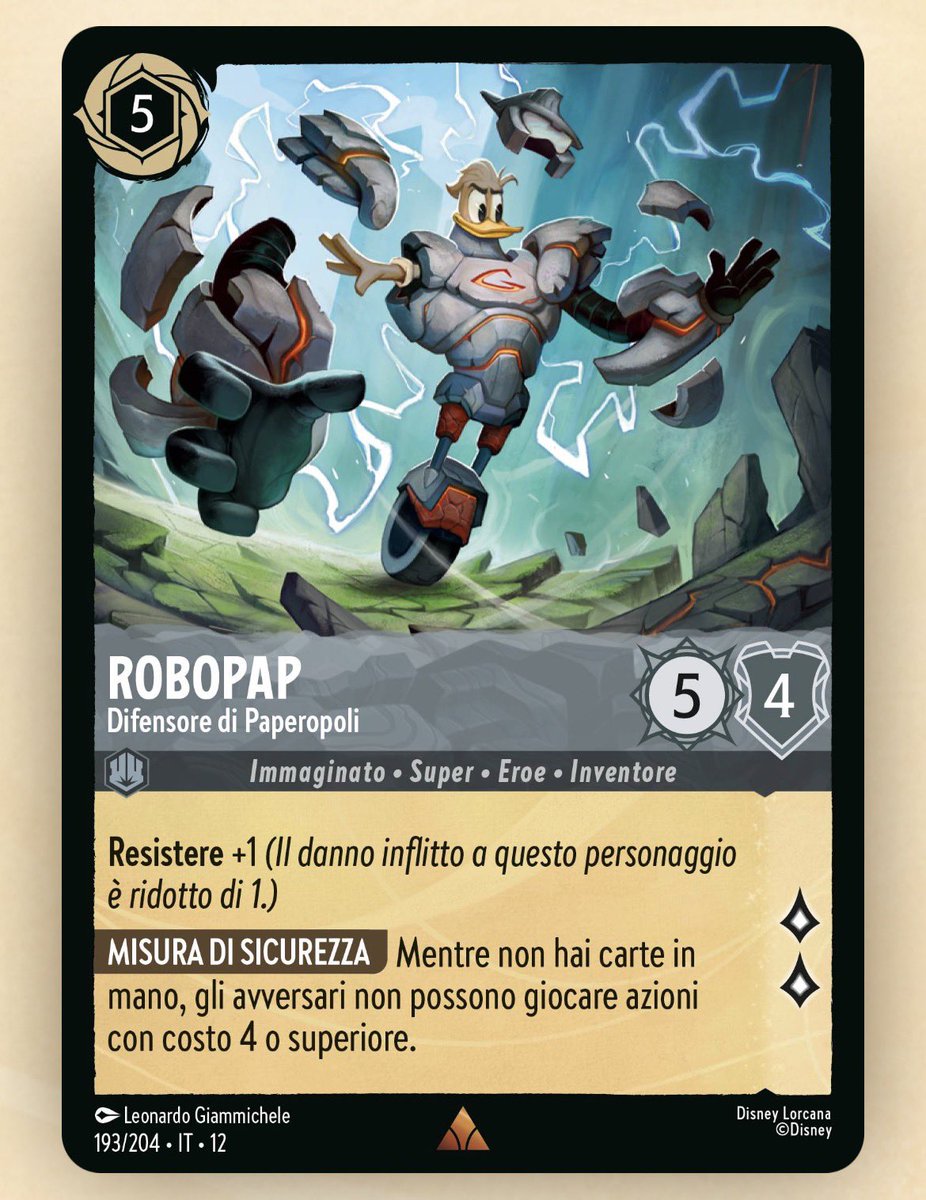Gizmoduck card from Disney Lorcana Wilds Unknown in different languages

Gizmoduck (EN)
Robotik (FR)
Krachbumm-Ente (DE)
Robopap (IT)