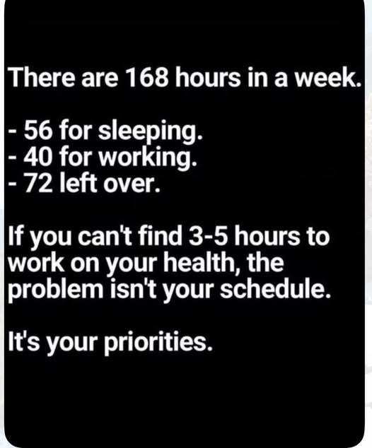 aimchealthwjeff's tweet image. There is 168 hours in a week.

You have time to focus on your health &amp;amp; wellness.

No excuses.

Start now.
#health #time