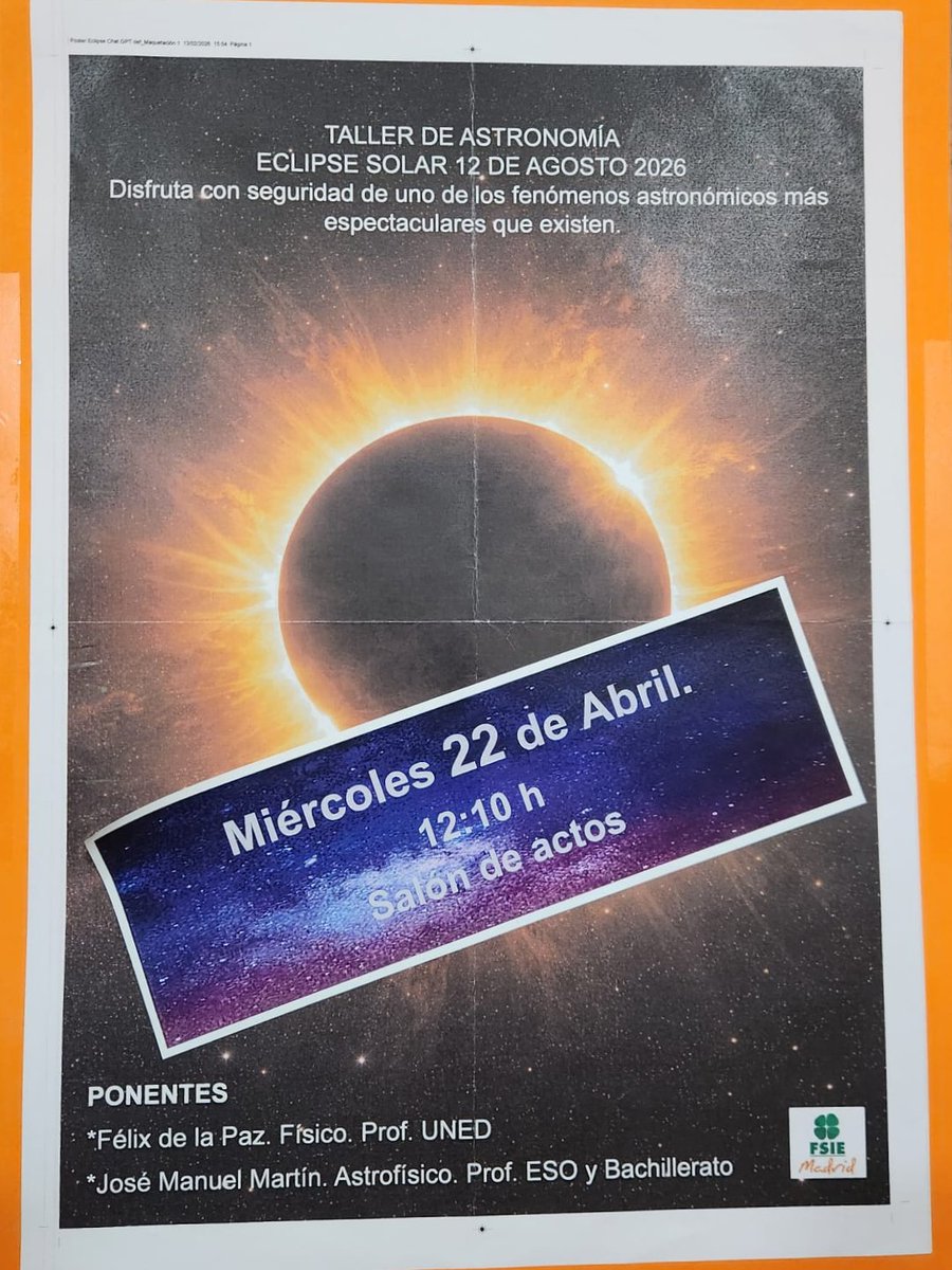 fsiemadrid's tweet photo. ¡FSIE Madrid sigue llevando la ciencia a las aulas!🍀

Gran jornada en el colegio @JesusMaestroFET con nuestro taller sobre la "Tríada de eclipses solares".

@JoseManuelFSIE y Félix de la Paz muestran a los alumnos los secretos de la próxima “Tríada de eclipses solares” ✨ https://t.co/Ufs3wl17CT