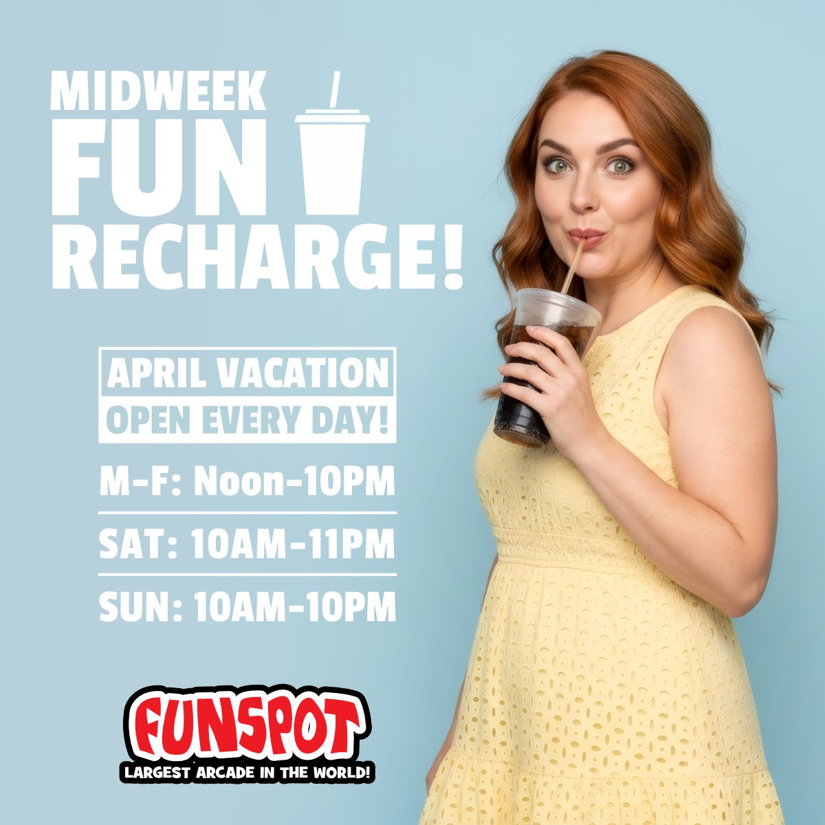 funspotnh's tweet image. Halfway through MA vacation week! 🥤😅 Time to refresh! Recharge the fam with sodas and snacks before conquering the ticket games. 🍕🍓 Fun for all ages! ⚡🕹️

HOURS: M-F Noon-10PM, Sat 10-11, Sun 10-10

#FunspotNH #MidWeek #FamilyRefresh #SpringVibes