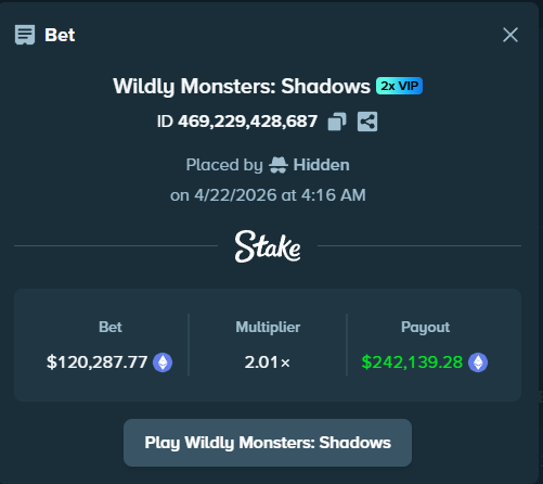 Some huge wins on Wildly Monsters: Shadows overnight! Someone took home a quarter of million dollars! Don’t watch from the sidelines while others stack their bags. Your heater starts NOW.

Play now only on <a href="/Stake/">Stake.com</a> and <a href="/StakeUsa/">Stake.US</a>