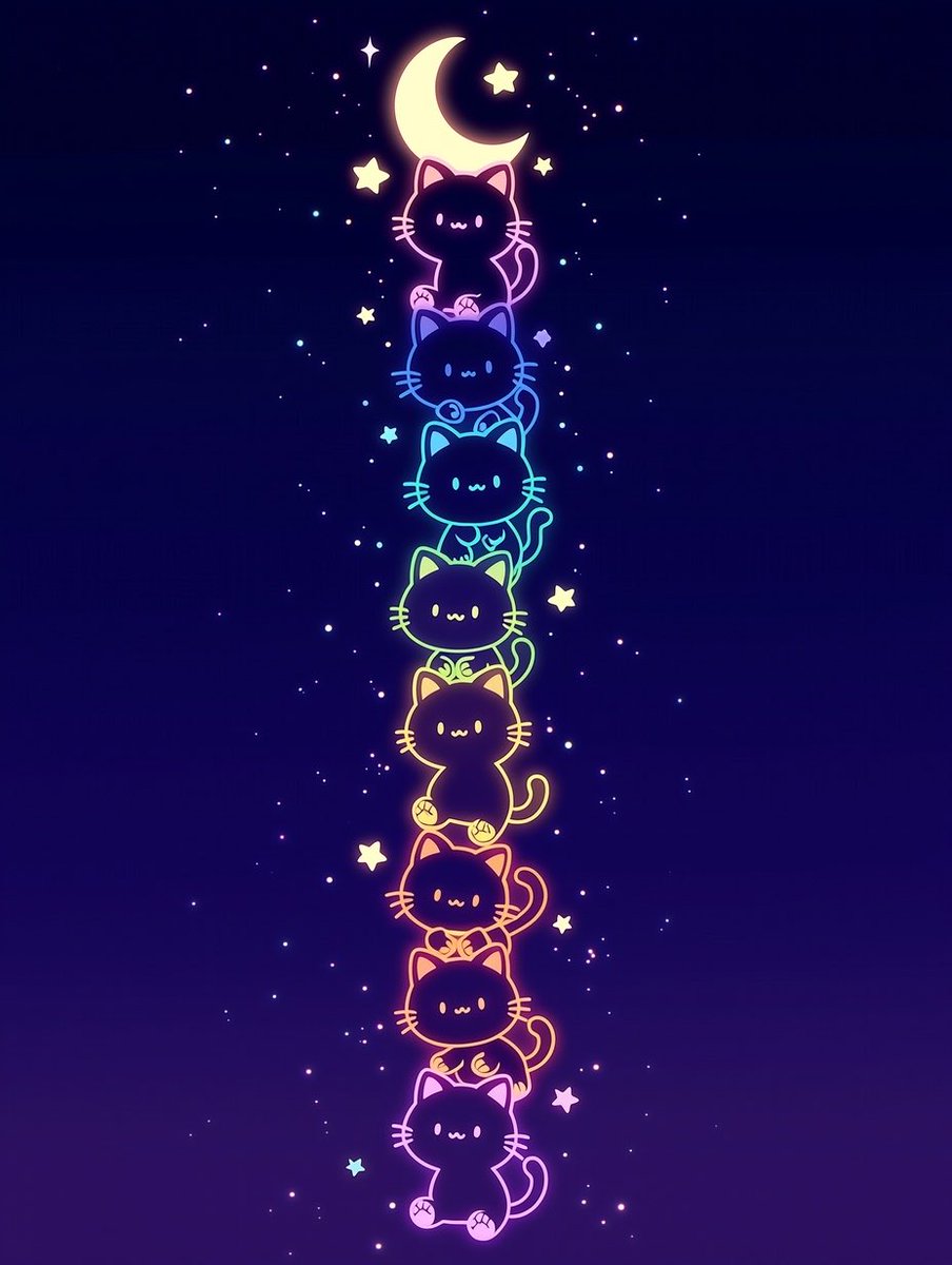 Starlight Cat Tower（星あかりのネコタワー）
良い夢が見れますように🌟

#AIイラスト　#ネオンアート　#猫　#猫のいる暮らし #癒やし　#cattower  #Kawaii